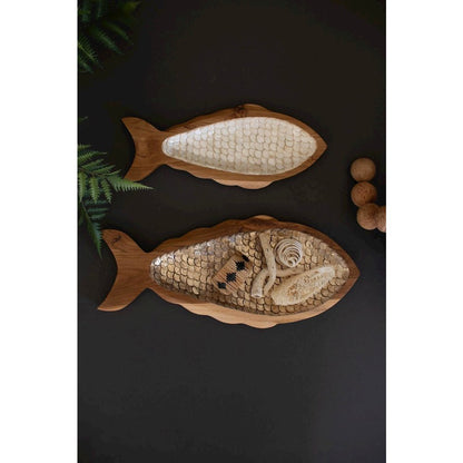 Set Of Two Carved Teak Fish With Capiz Detail