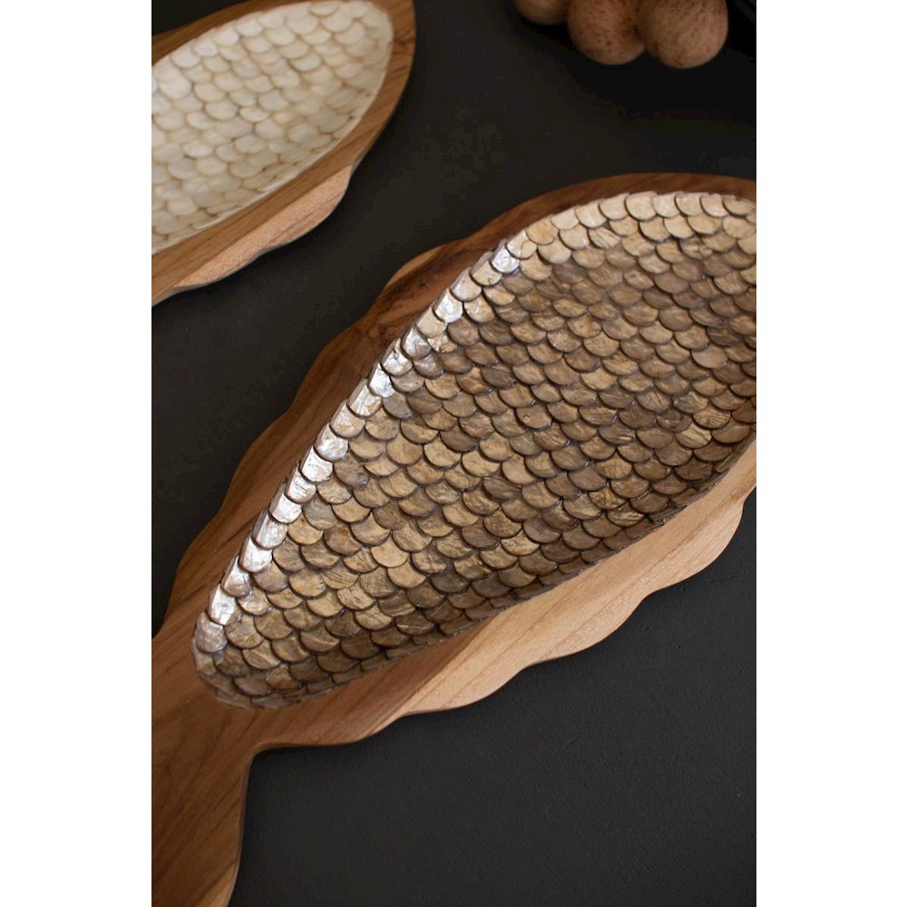 Set Of Two Carved Teak Fish With Capiz Detail
