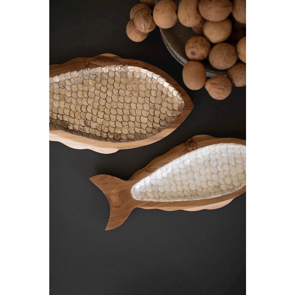 Set Of Two Carved Teak Fish With Capiz Detail