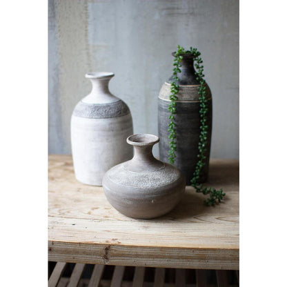 Set Of Three Black Grey And White Clay Vessels