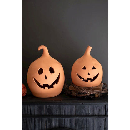 Set Of Two  Terracotta Clay Jack-O-Lanterns