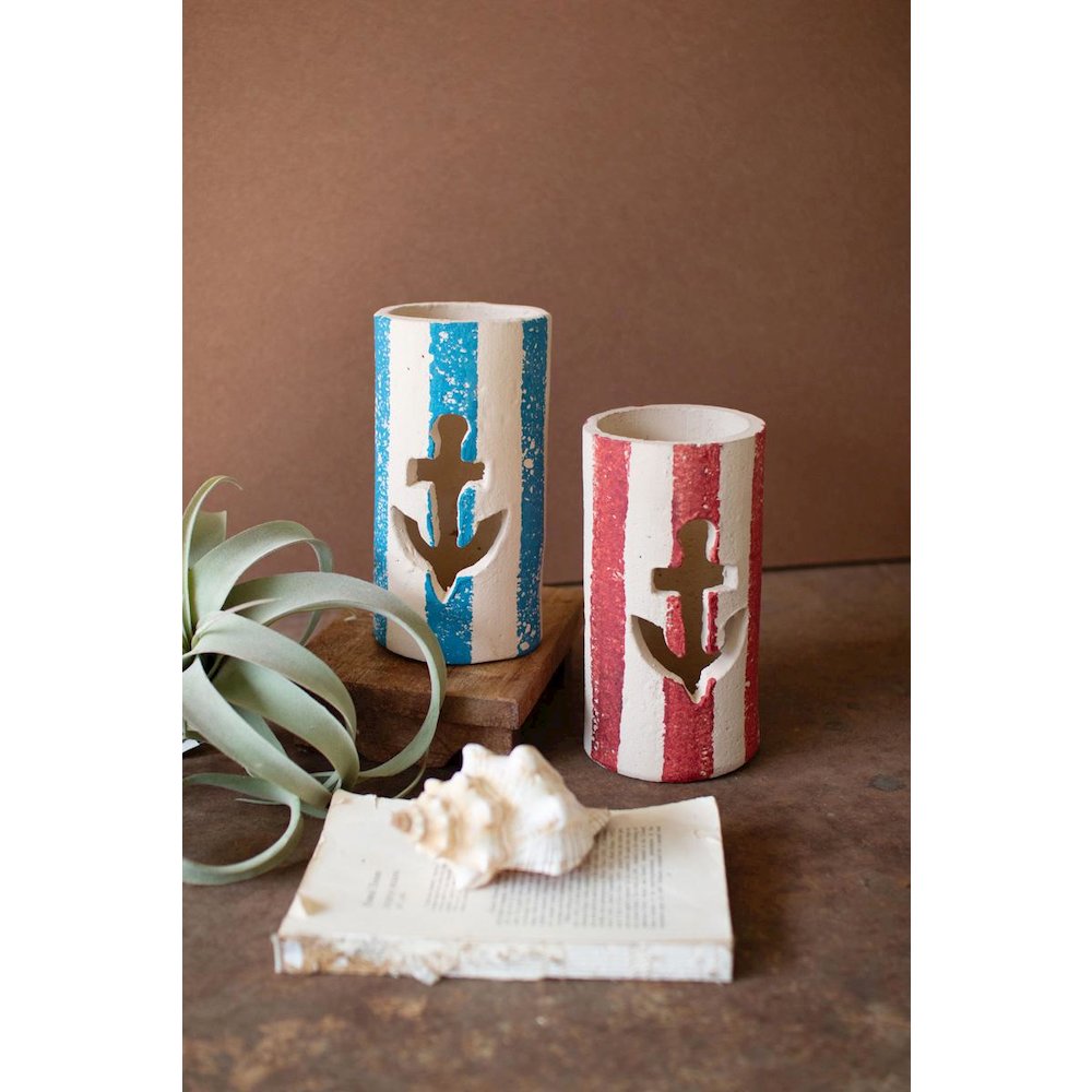 Set Of Two Painted Clay Anchor Lumiaries