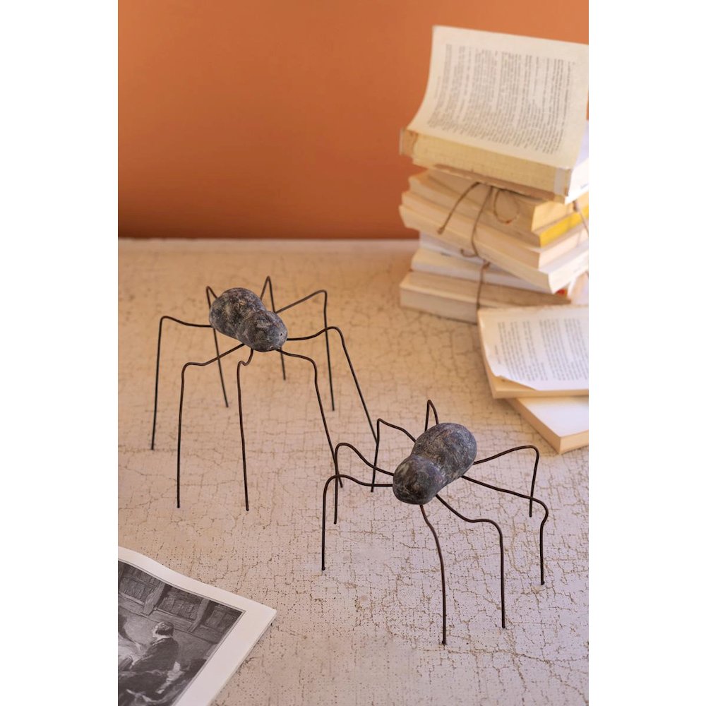 Set Of Two Clay And Wire Spiders