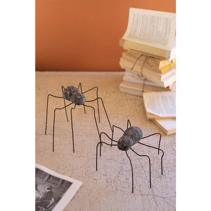 Set Of Two Clay And Wire Spiders