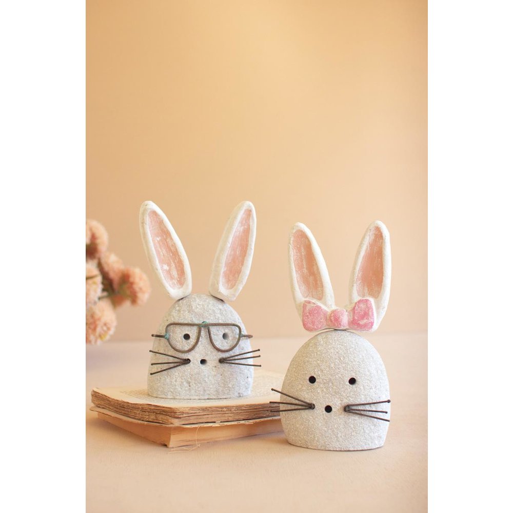 Set Of Two White-Wash Clay And River Rock Bunnies