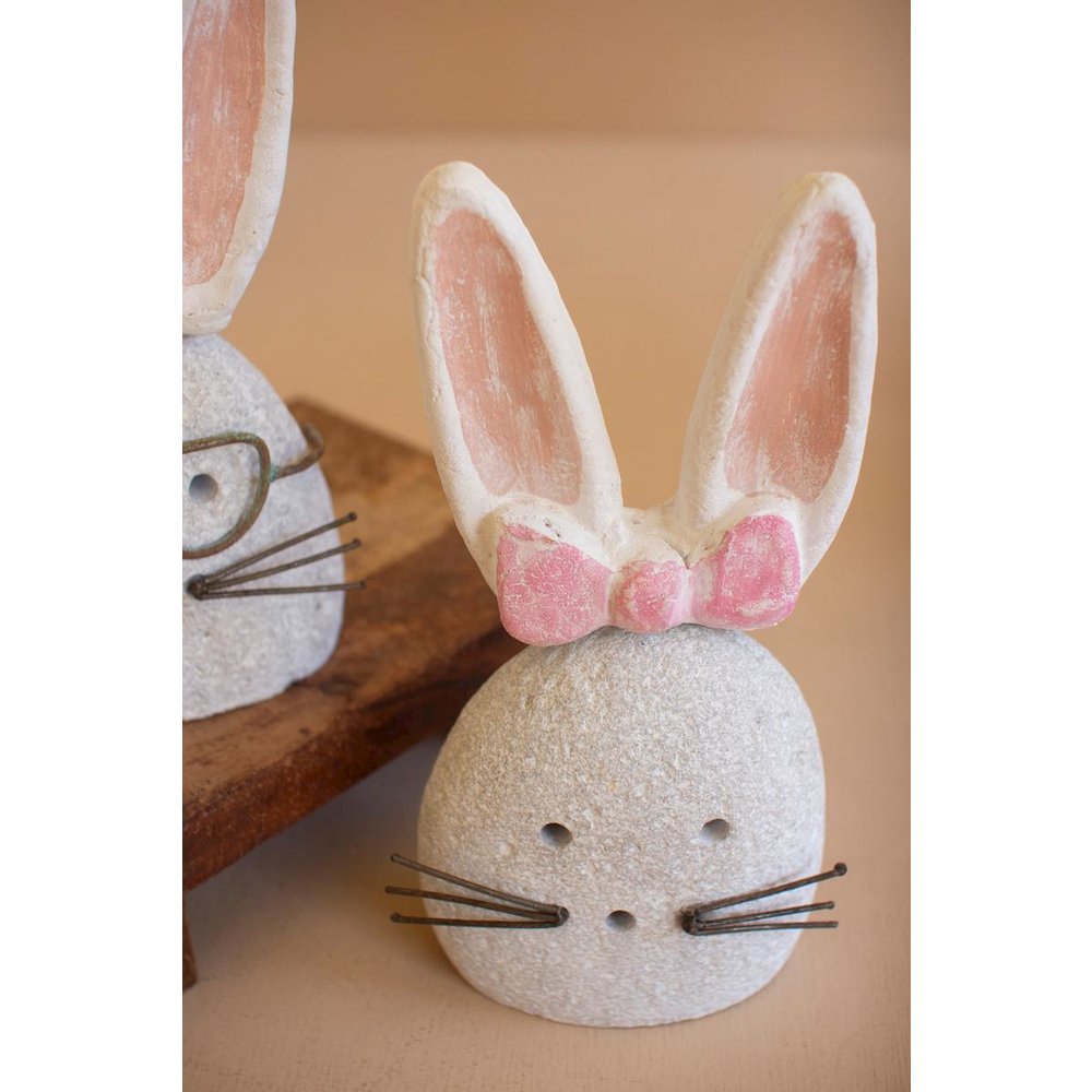 Set Of Two White-Wash Clay And River Rock Bunnies