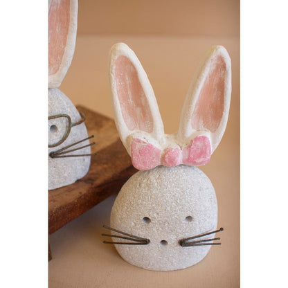 Set Of Two White-Wash Clay And River Rock Bunnies