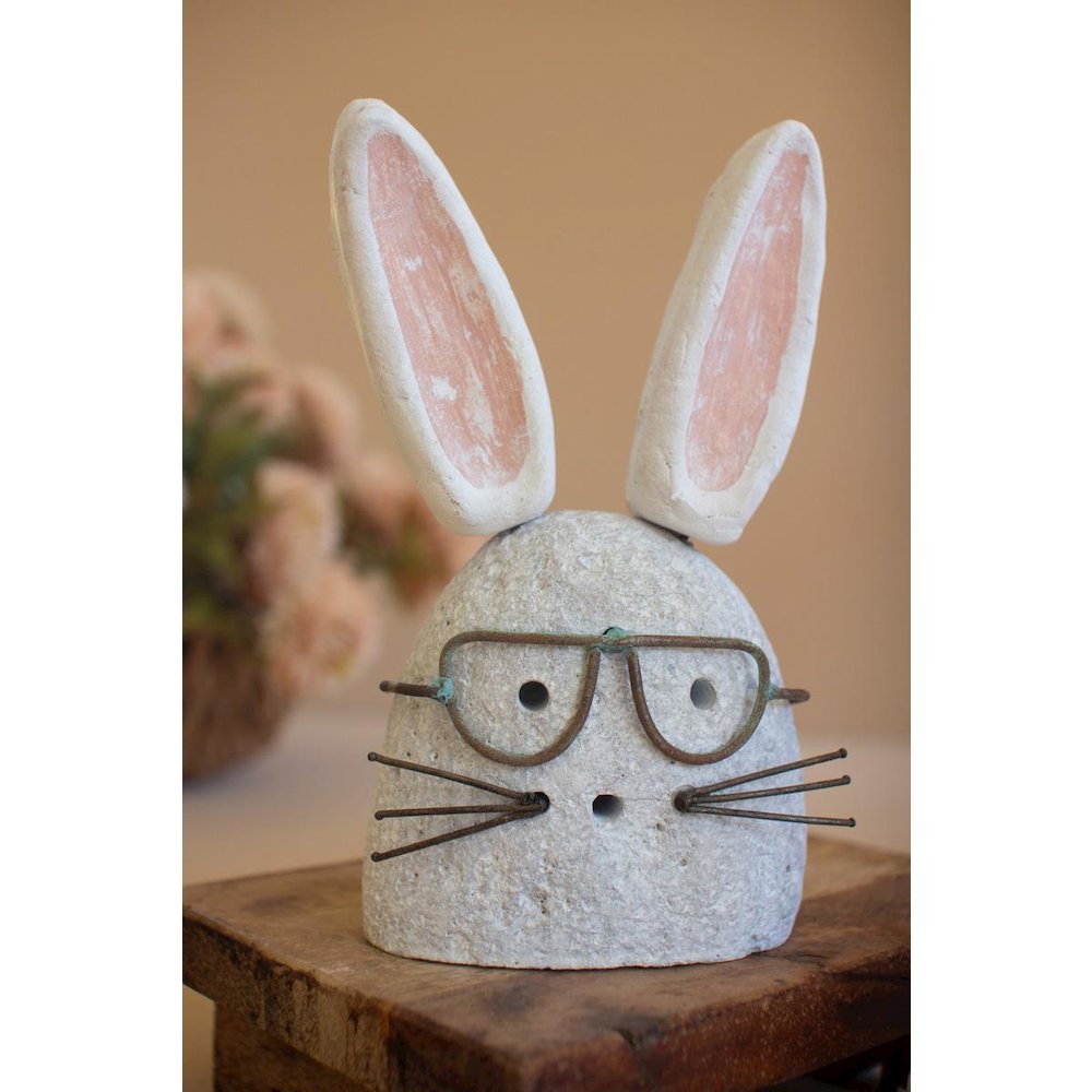 Set Of Two White-Wash Clay And River Rock Bunnies