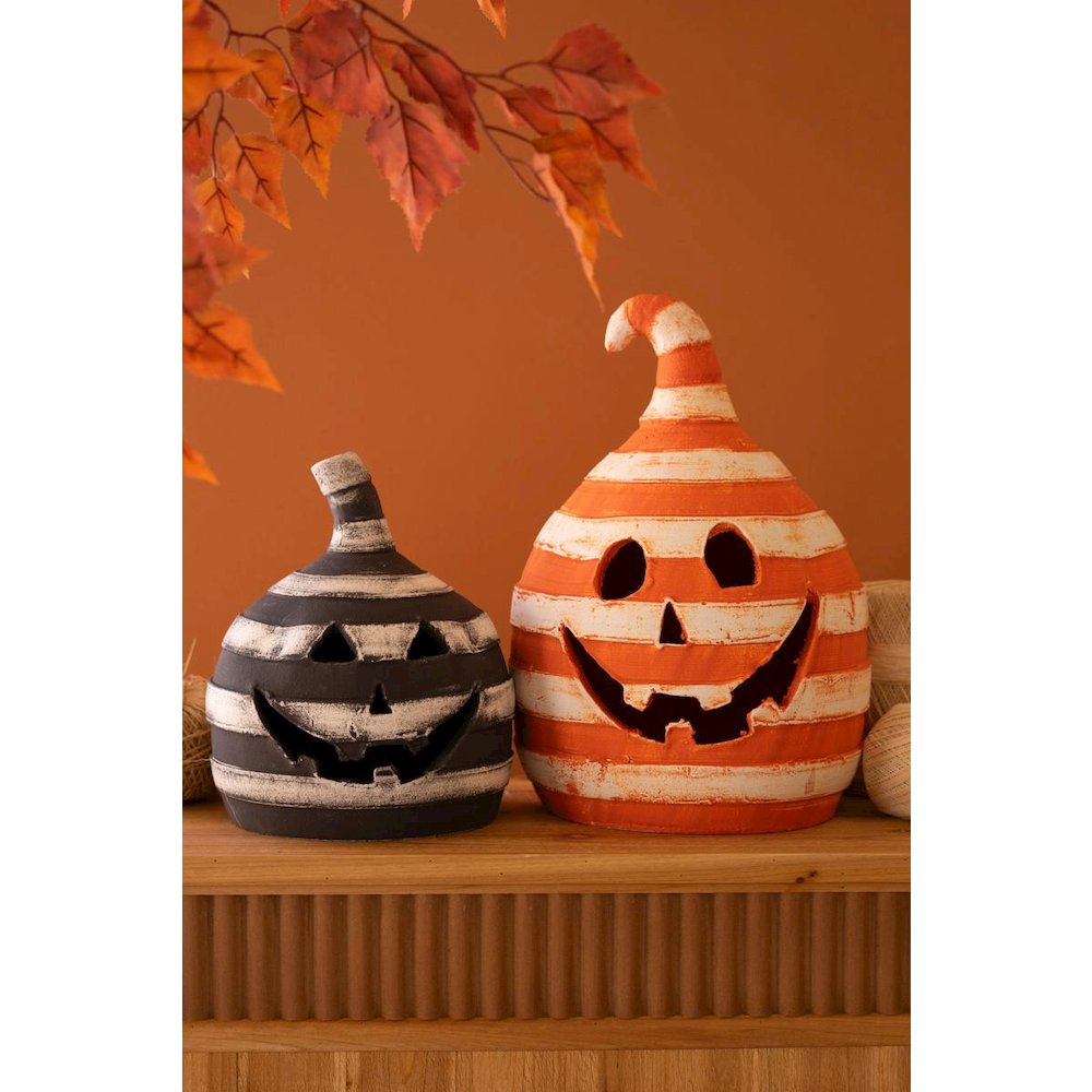 Set Of Two Painted Clay Striped Jack-O-Lanterns
