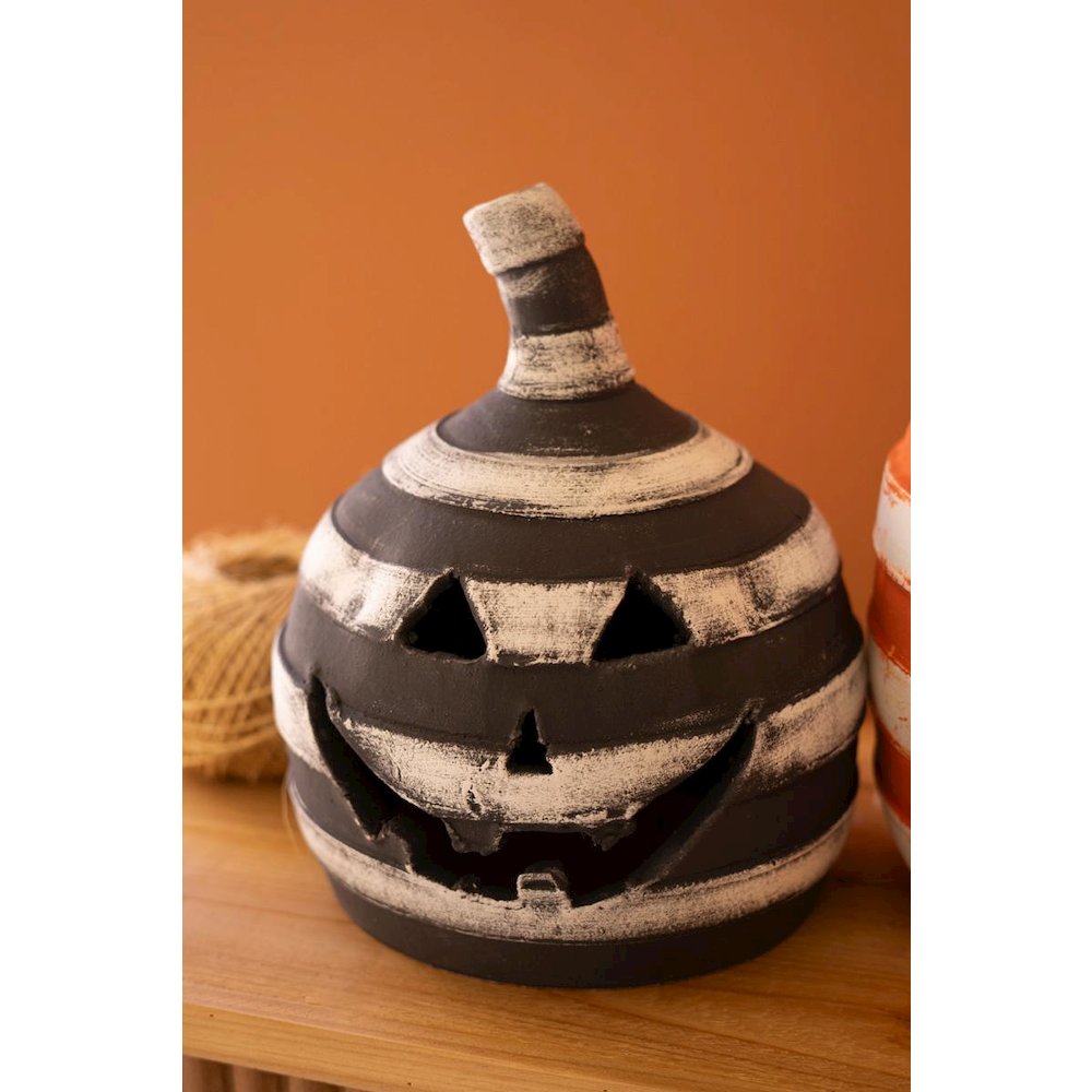 Set Of Two Painted Clay Striped Jack-O-Lanterns