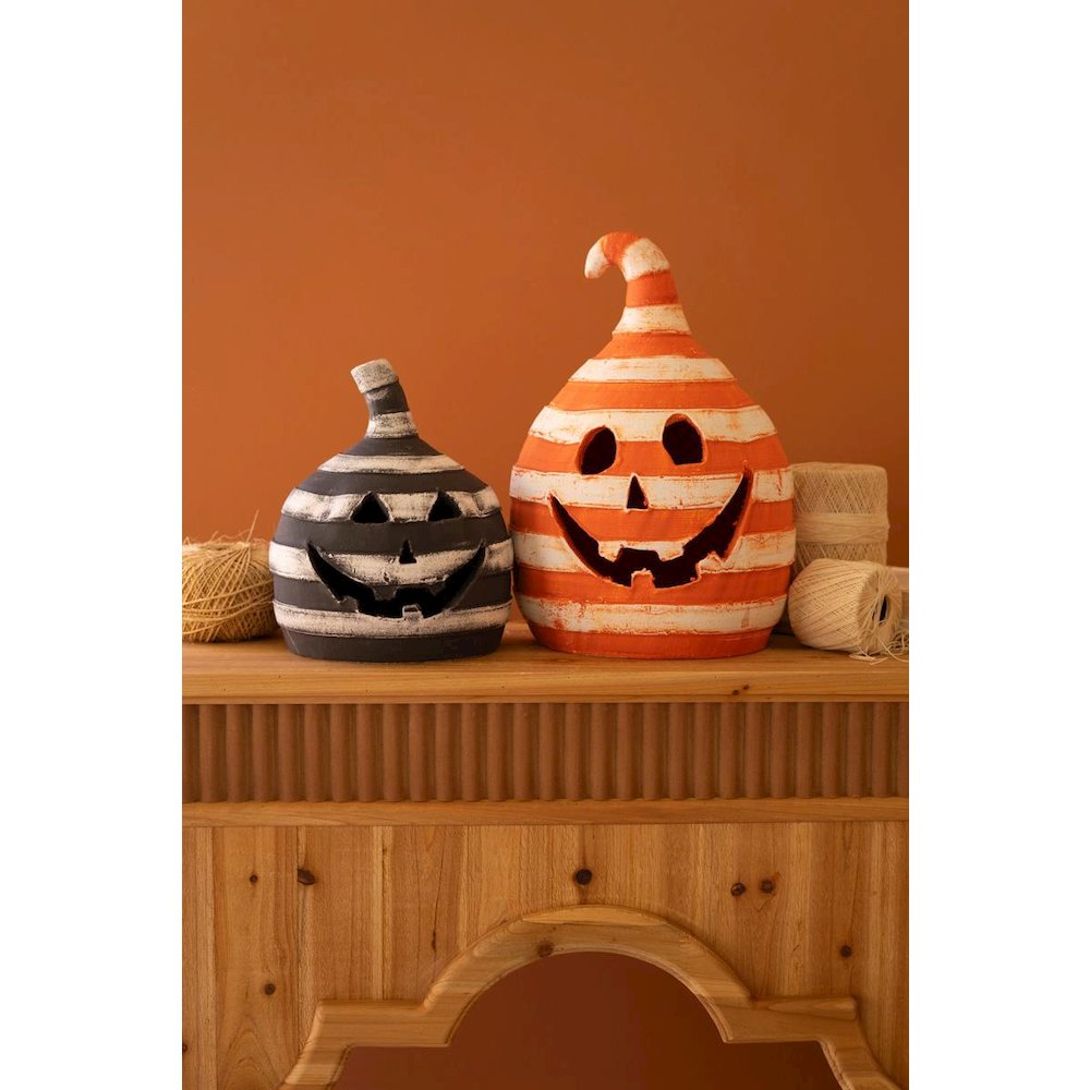 Set Of Two Painted Clay Striped Jack-O-Lanterns