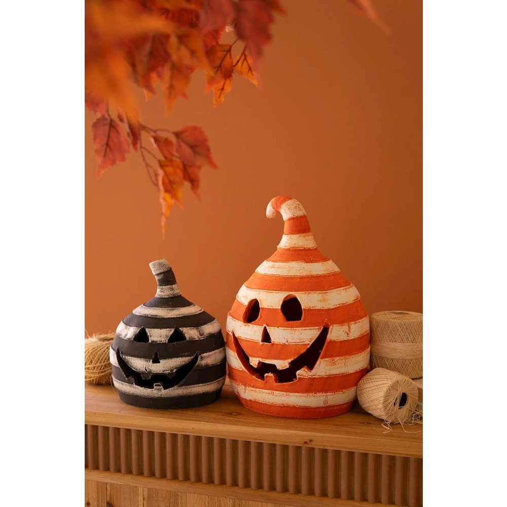 Set Of Two Painted Clay Striped Jack-O-Lanterns