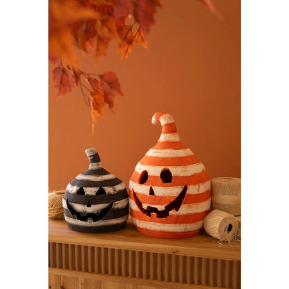 Set Of Two Painted Clay Striped Jack-O-Lanterns