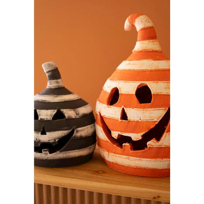 Set Of Two Painted Clay Striped Jack-O-Lanterns