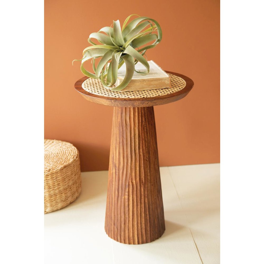 Round Wooden Side Table with Woven Cane Top