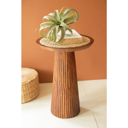 Round Wooden Side Table with Woven Cane Top