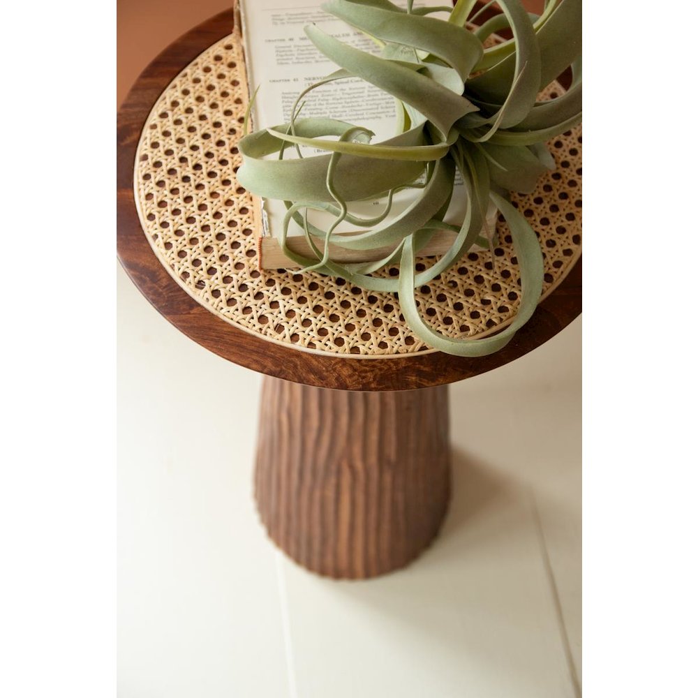 Round Wooden Side Table with Woven Cane Top