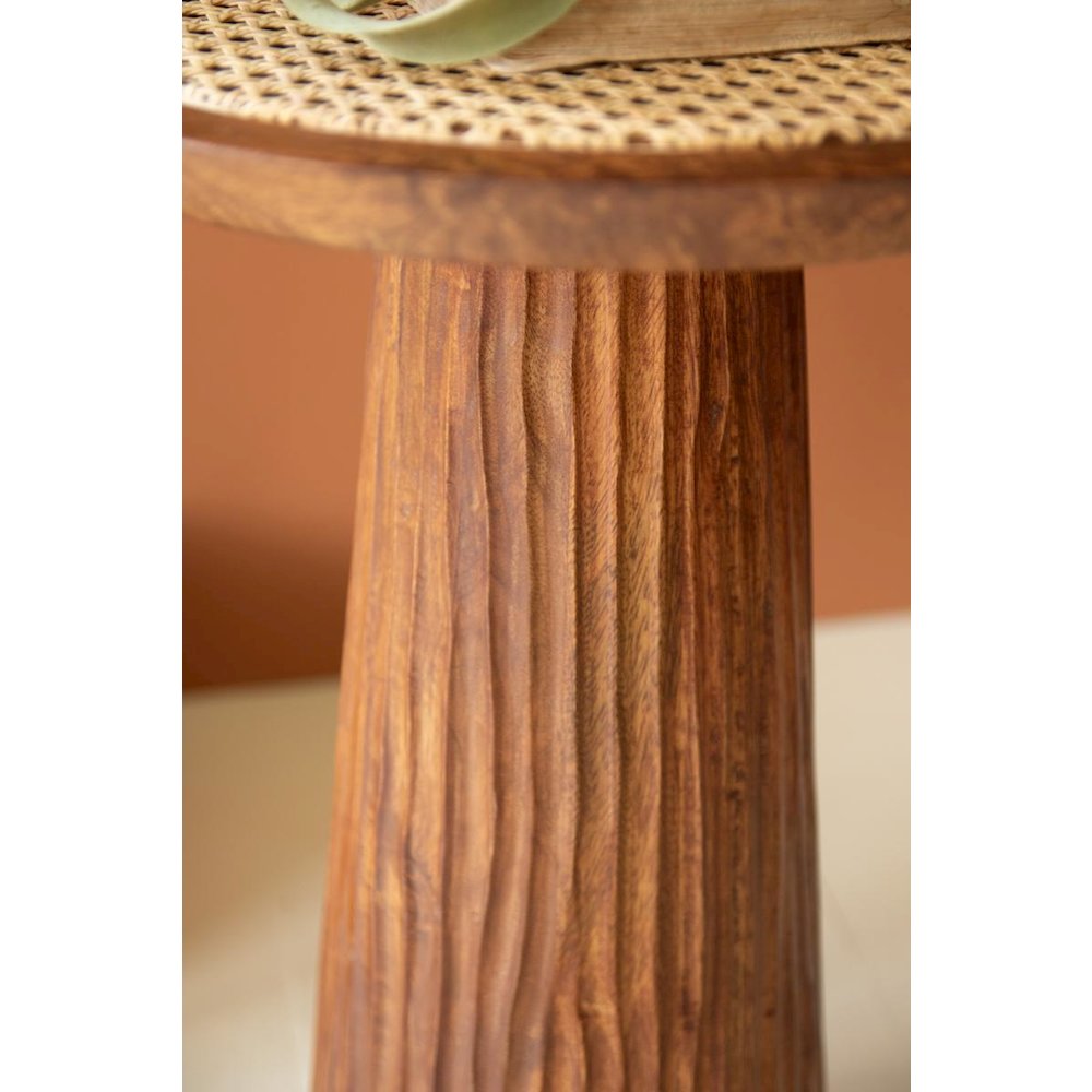 Round Wooden Side Table with Woven Cane Top