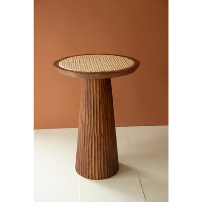 Round Wooden Side Table with Woven Cane Top
