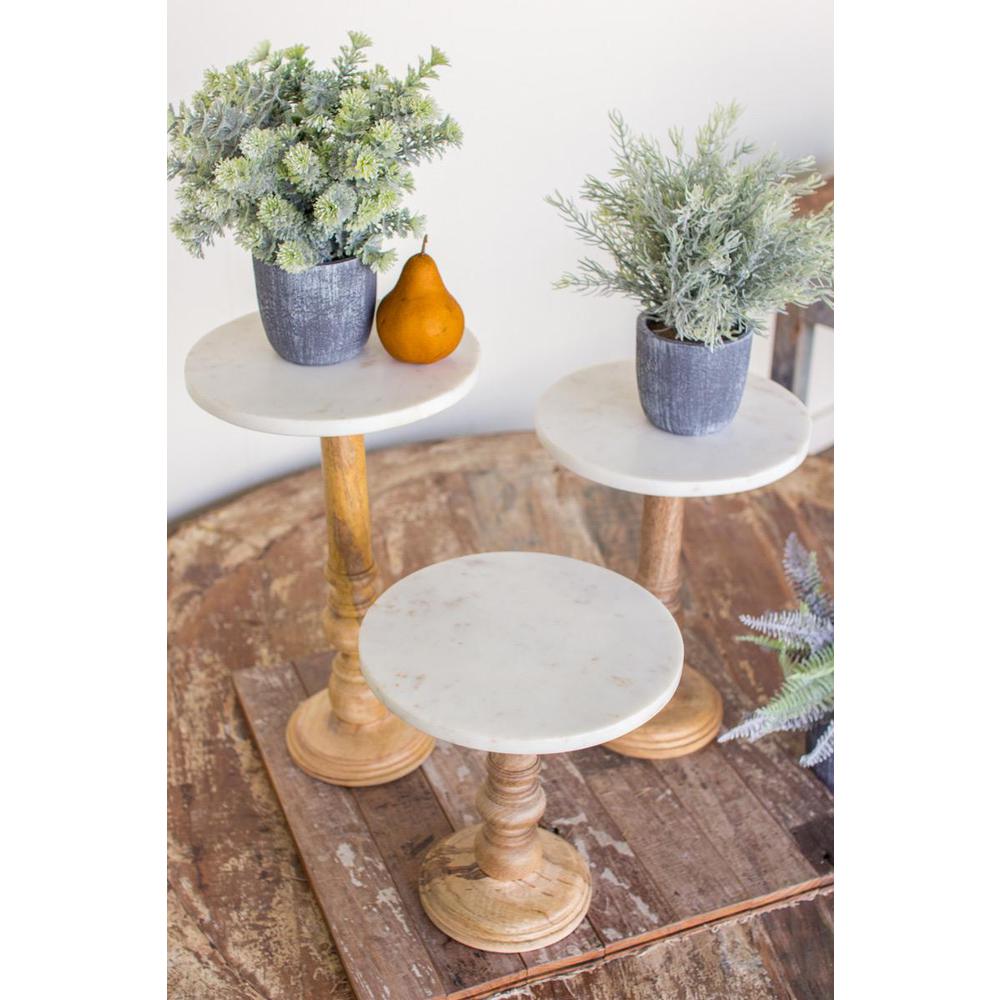 Set Of Three Wooden Display Stands With White Marble Tops