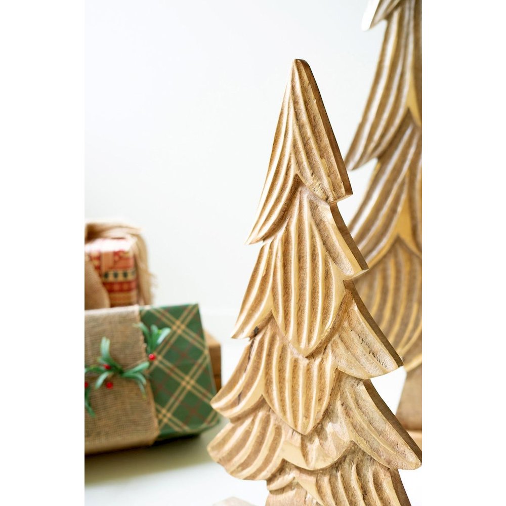 Set Of Three Carved Wooden Christmas Trees On Bases