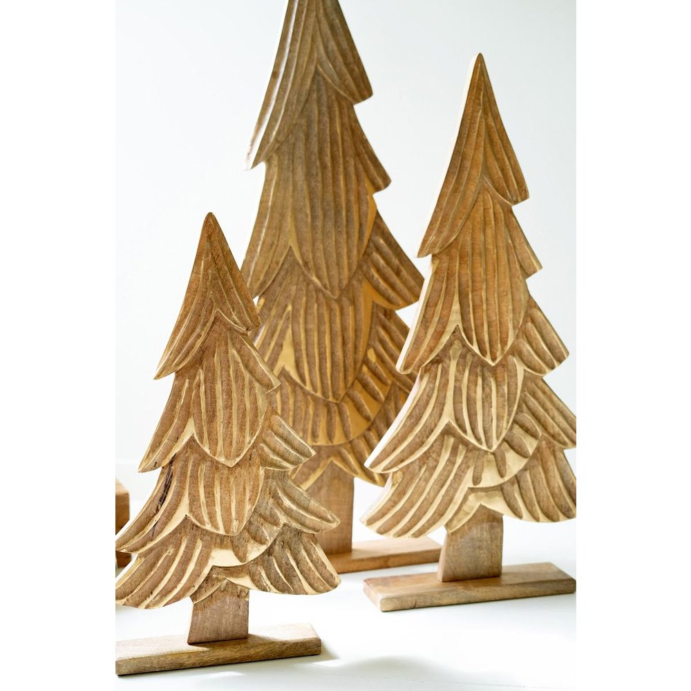 Set Of Three Carved Wooden Christmas Trees On Bases