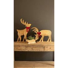 Set of Two Carved Mango Wood Reindeer W Red Velvet Ribbon