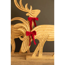 Set of Two Carved Mango Wood Reindeer W Red Velvet Ribbon