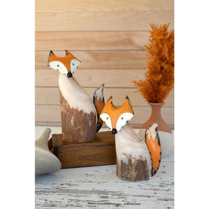 Set Of Two Recycled Wood And Iron Foxes