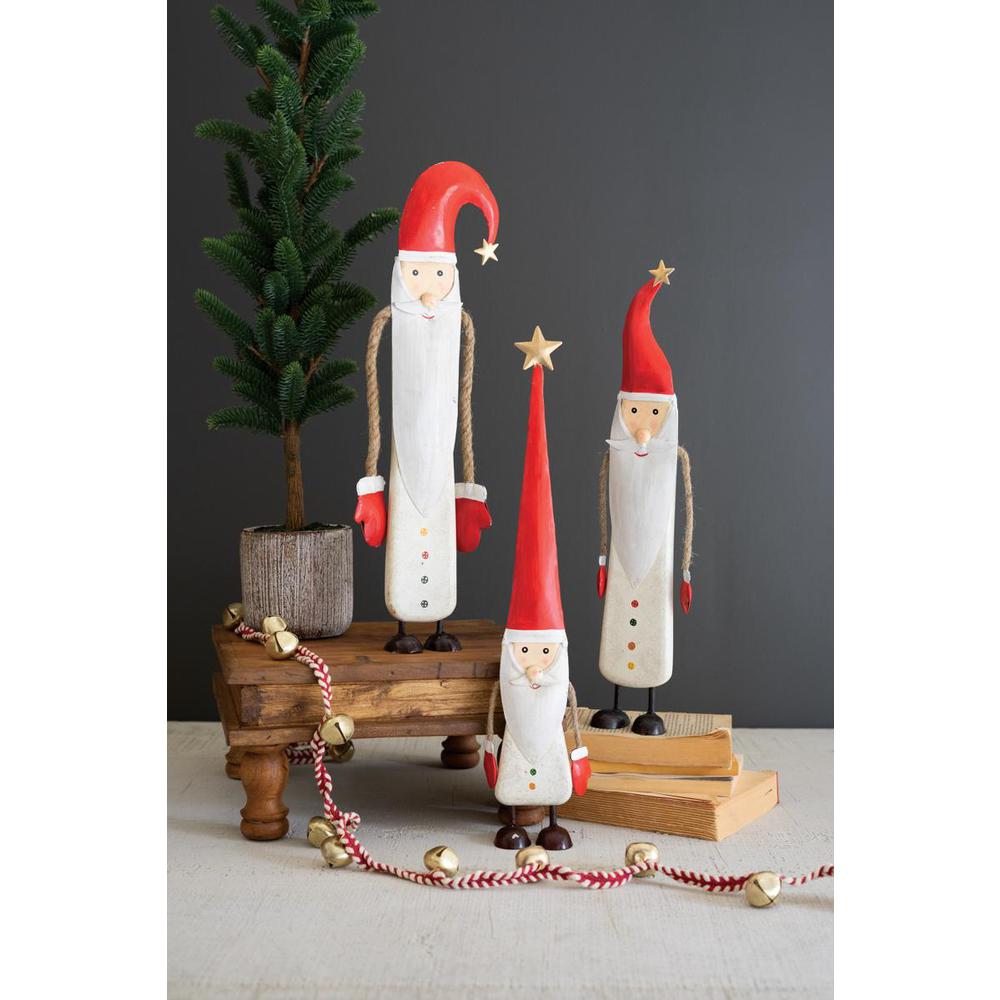 Set Of Three Painted Metal And Wood Santas