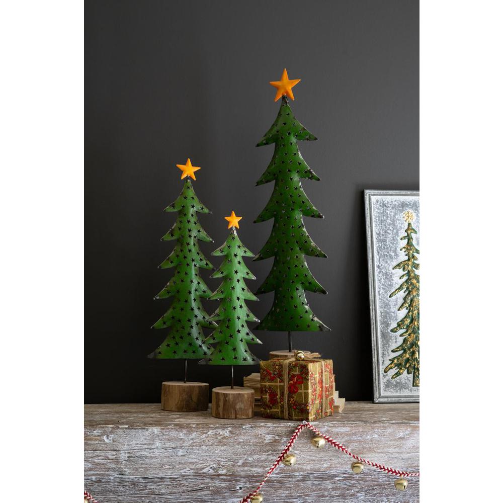Set Of Three Recycled Iron Christmas Trees On Wood Bases