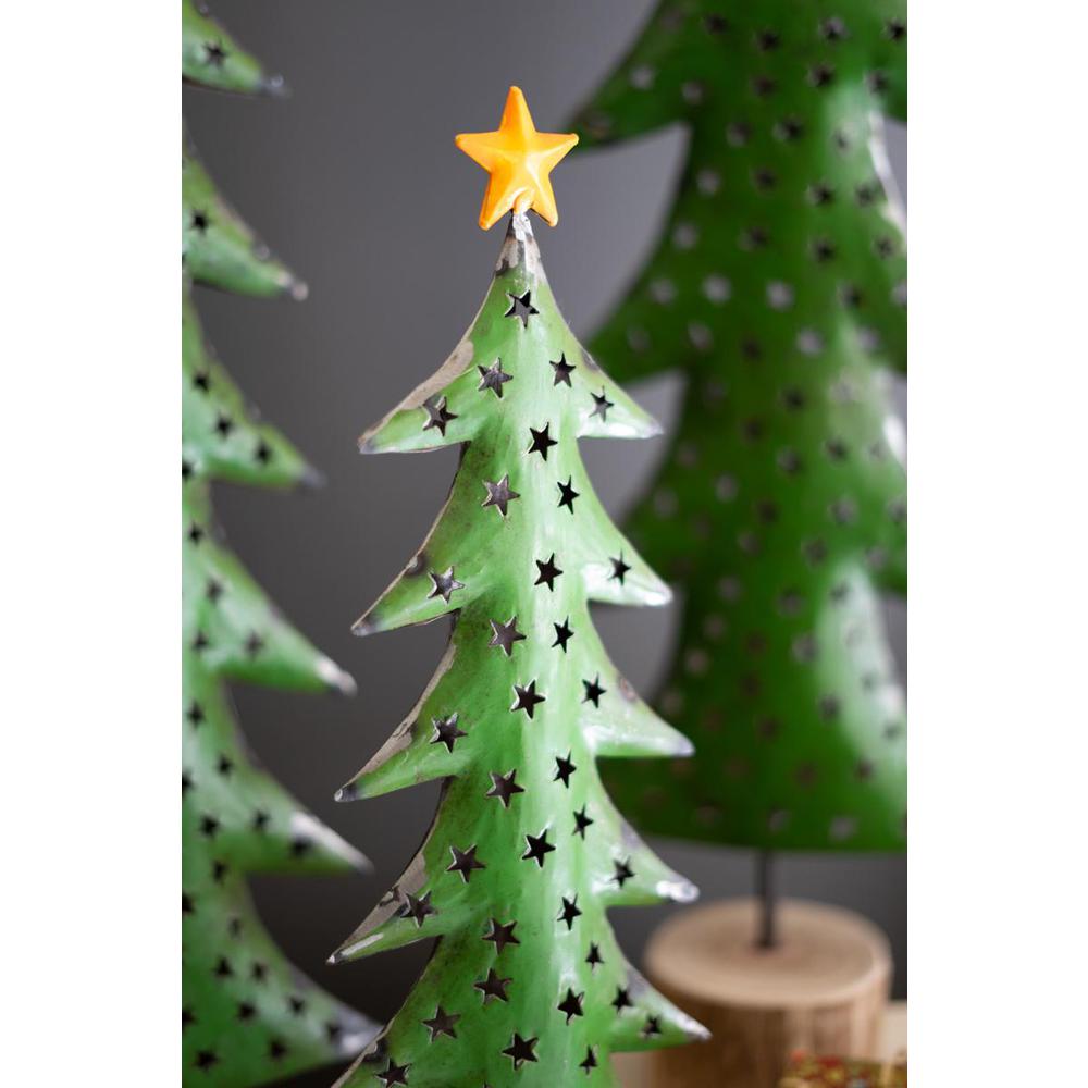 Set Of Three Recycled Iron Christmas Trees On Wood Bases