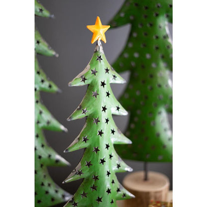 Set Of Three Recycled Iron Christmas Trees On Wood Bases