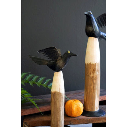 Set Of Two Black Iron Crows On Wooden Bases