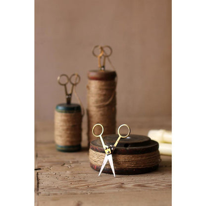Set Of Three Wooden Spools With Jute Twine And Scissors