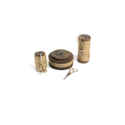 Set Of Three Wooden Spools With Jute Twine And Scissors