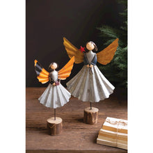 Set of Two Recycled Metal Angels on Wooden Bases