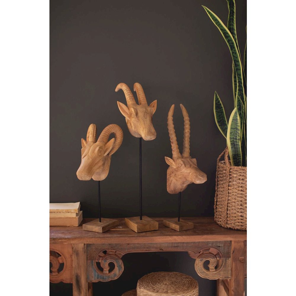Set Of Three Carved Mango Wood African Animal Heads