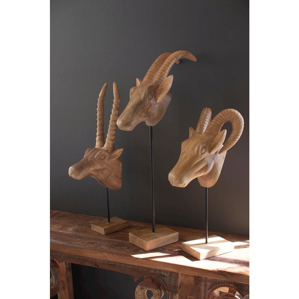 Set Of Three Carved Mango Wood African Animal Heads