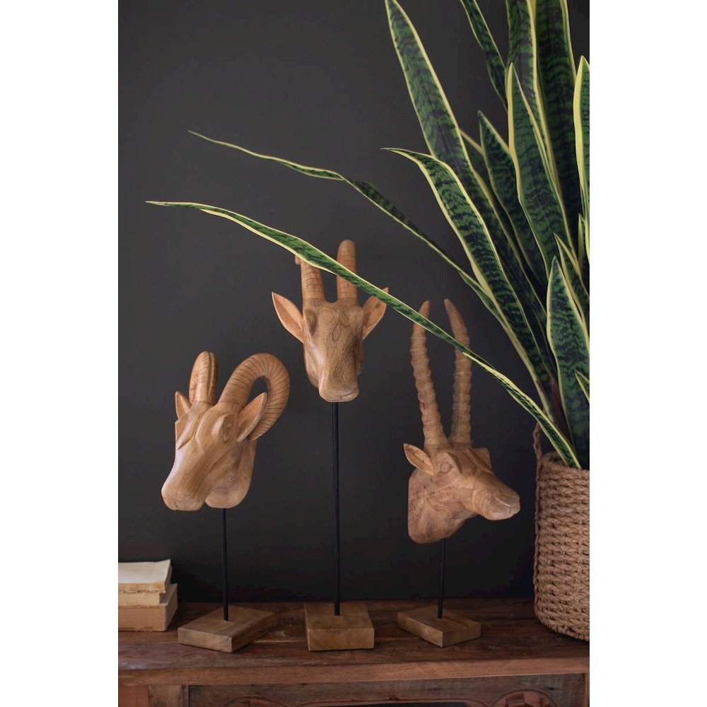 Set Of Three Carved Mango Wood African Animal Heads