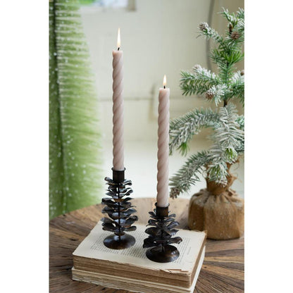 Set Of Two Metal Pine Cone Taper Holders - Antique Brown
