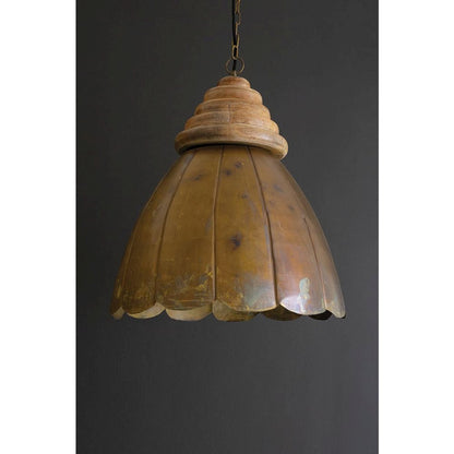 Antique Brass Pendant Light With Wood Detail 20" Dia.