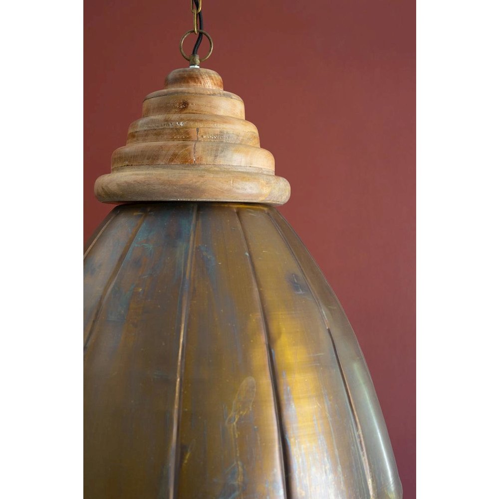 Antique Brass Pendant Light With Wood Detail 20" Dia.