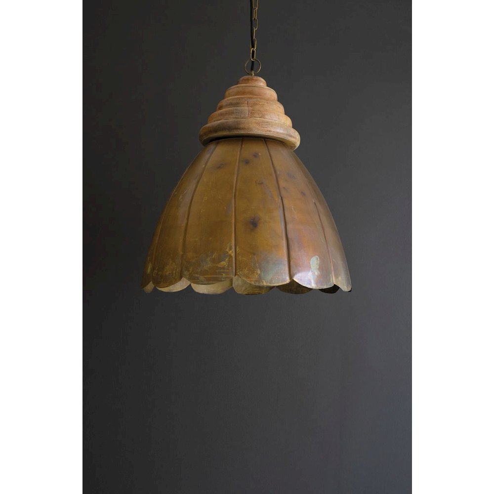 Antique Brass Pendant Light With Wood Detail 20" Dia.