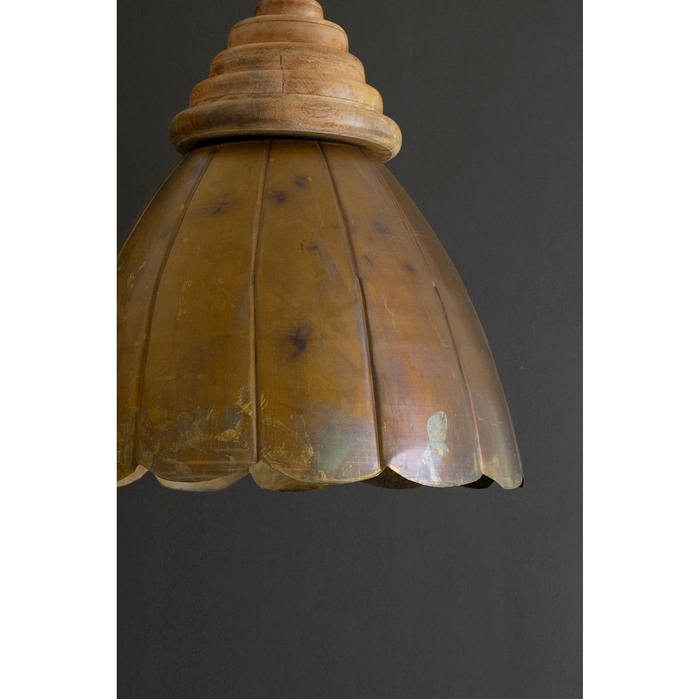 Antique Brass Pendant Light With Wood Detail 20" Dia.