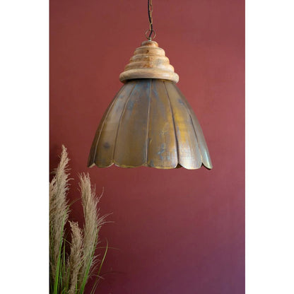 Antique Brass Pendant Light With Wood Detail 20" Dia.