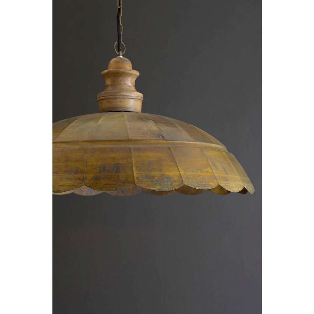 Antique Brass Pendant Light With Wood Detail 31" Dia.