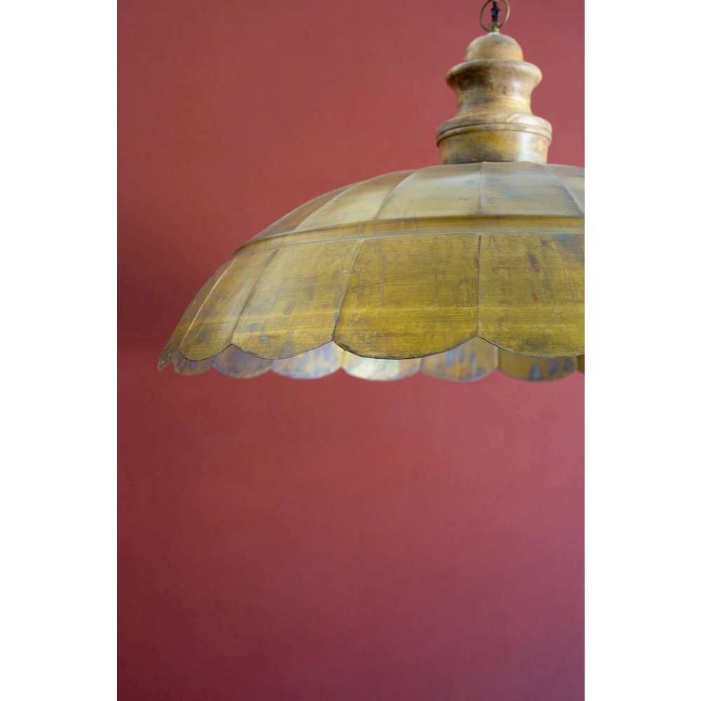 Antique Brass Pendant Light With Wood Detail 31" Dia.