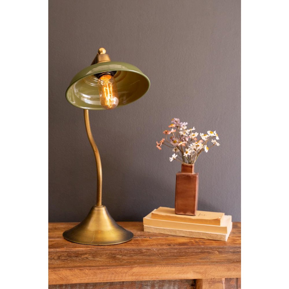 Antique Brass Table Lamp With Green Enamel Shade