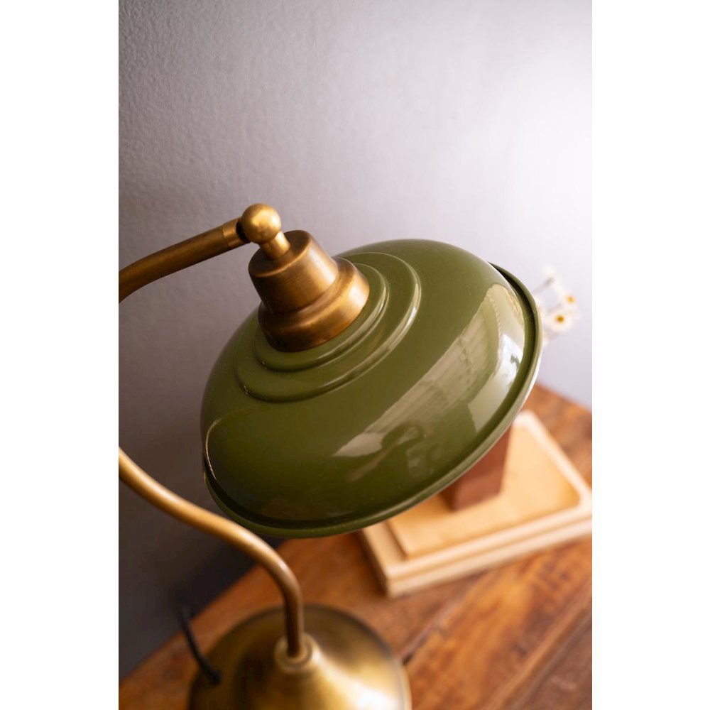 Antique Brass Table Lamp With Green Enamel Shade